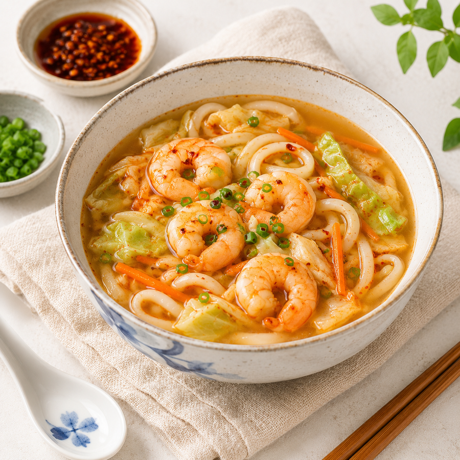 Udon soup with shrimp (spicy or mild)