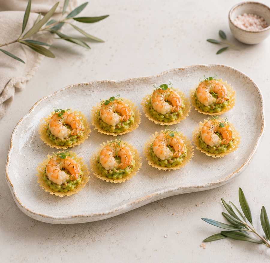 shrimp with guacamole in parmesan crisps