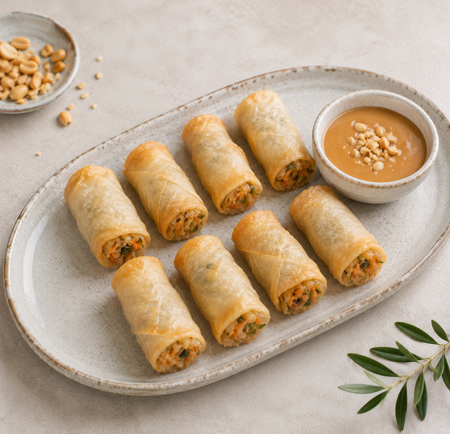 mini spring rolls with vegetables & peanut sauce