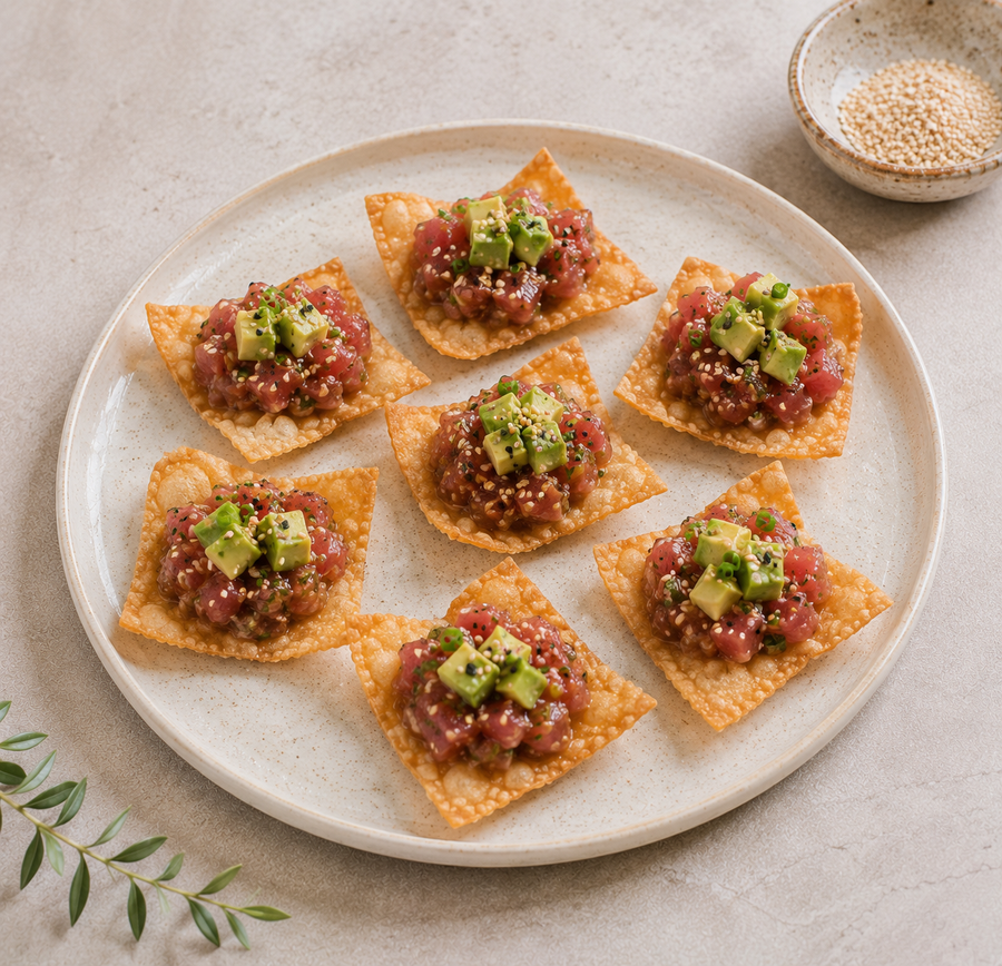 tuna tartare on wonton chips