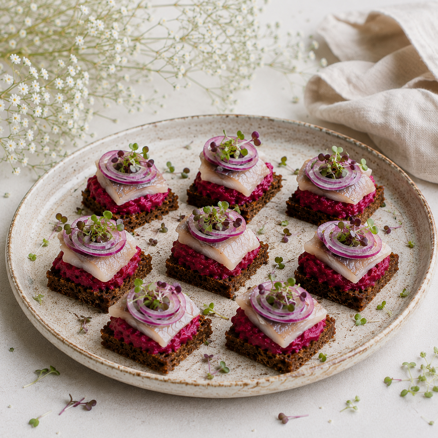 Herring & Beet Finger Food on Rye Bread