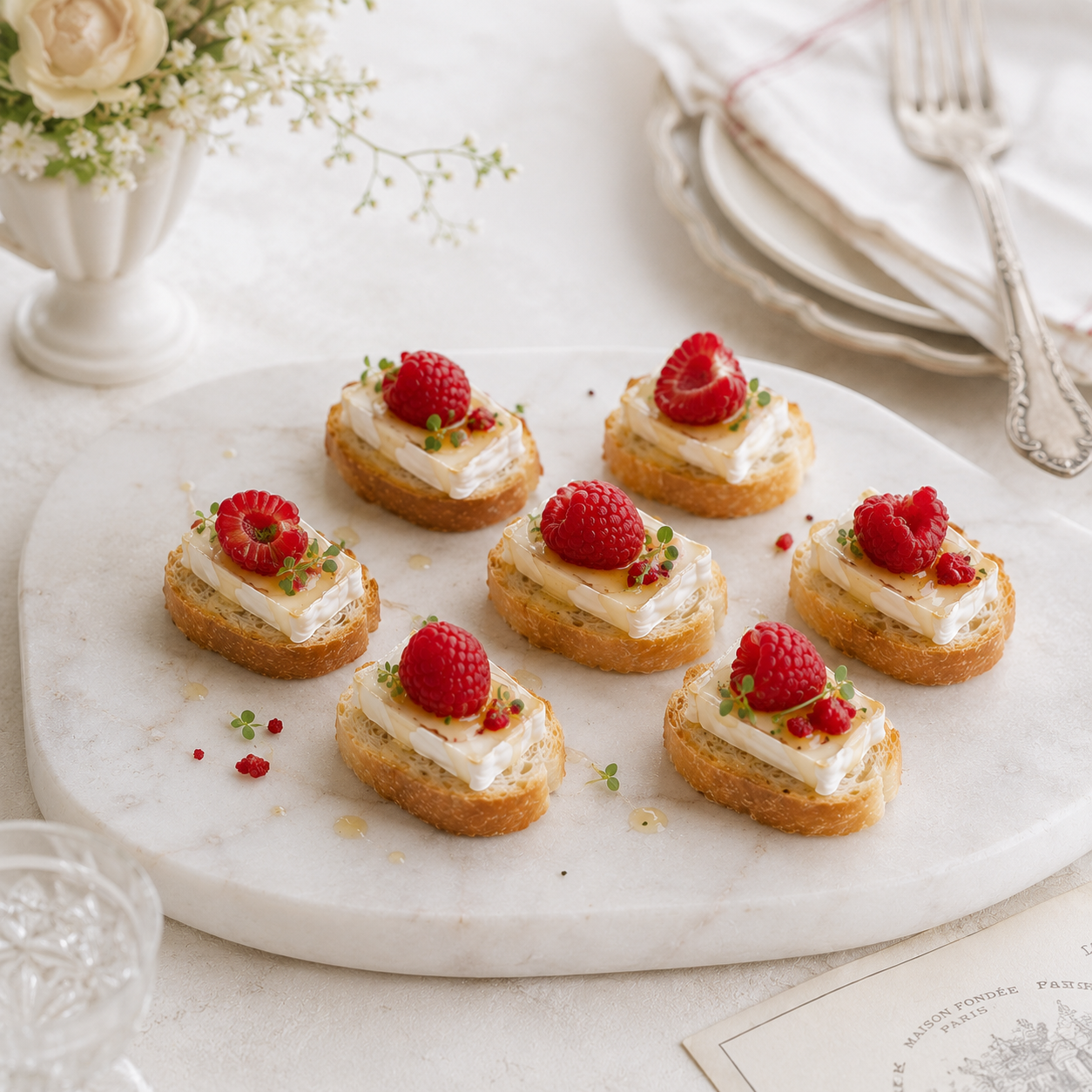 mini crostini with brie, honey & raspberry