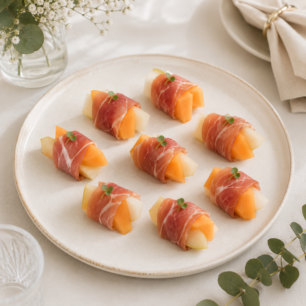 cantaloupe, pear & prosciutto bites