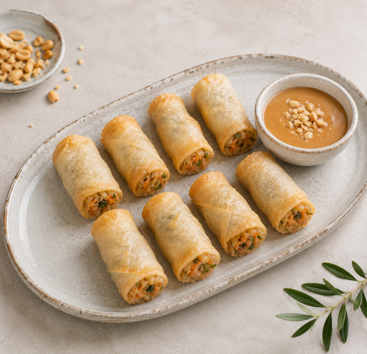 mini spring rolls with vegetables & peanut sauce